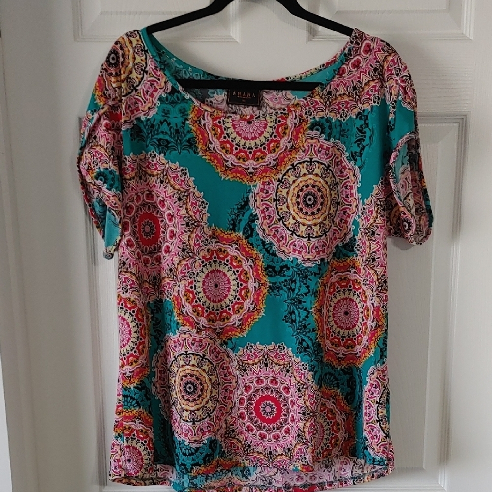 Textured Short Sleeve Top size 2X Teal Floral Medallion Print Relaxed by Amiana